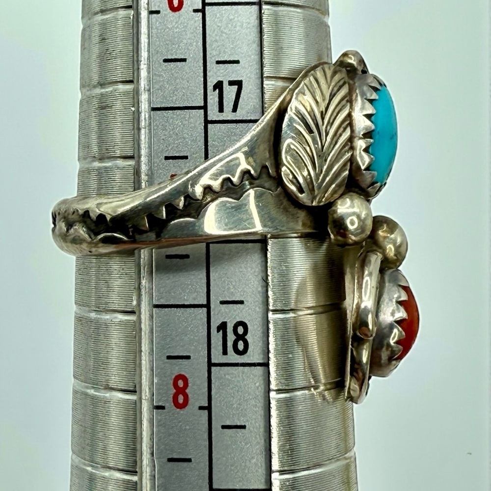 Native American Navajo Sterling Silver Turquoise & Coral Ring – Signed MAC-Leaf - Picture 15 of 17